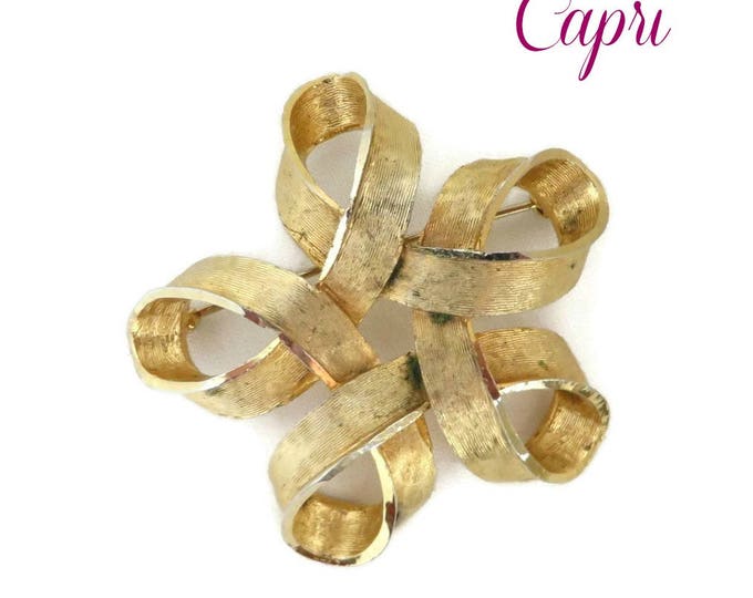 CAPRI Brooch, Vintage Gold Tone Designer Ribbon Pin, Matte Gold Looped Brooch