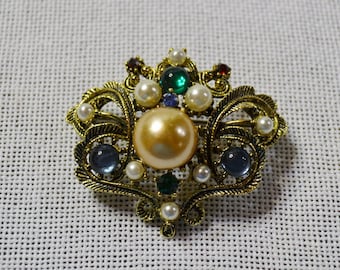 Vintage Faux Gemstone Brooch Gold Tone Metal Pearls Opals Rhinestones Costume Jewelry PanchosPorch