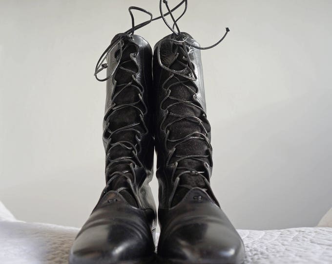 90s Salvatore Ferragamo Boots, Vintage Black Leather & Suede Lace Up Boots, 1990s Ferragamo Shoes, Size UK 4 USA 6 EU 37, Long Leather Boots