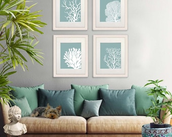 Set 4 Coral Prints Mist Blue/Green, Nautical print Poster Drawing Digital Print Wall Art Wall Décor Wall Hanging beach house bathroom poster