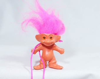 Vintage 80s 90s Novelty Troll Necklace, Pink hair troll necklace, vintage troll doll