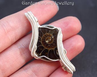 Ammonite Fossil Necklace - Silver Pendant - Wire Wrapped Necklace - Fossil Jewellery - Double Bail - Real Fossil - Fibonacci - Swirl - OOAK