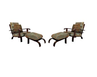 Mid Century Modern Pair of Lounge Armchairs & Ottomans Russell Wright Style