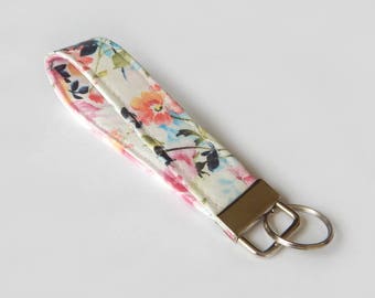 Floral Key Fob / White Floral Keychain / Pretty Key Chain / Wrist Lanyard / Wristlet / Keychain Lanyard / Back to School / Pink Flowers