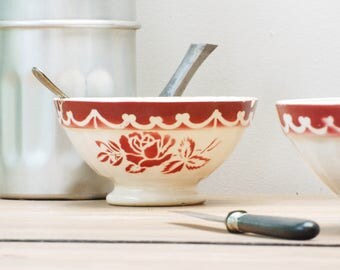 Bol à café au lait Digoin Sarreguemines cotelé à roses rouge French vintage Shabby chic