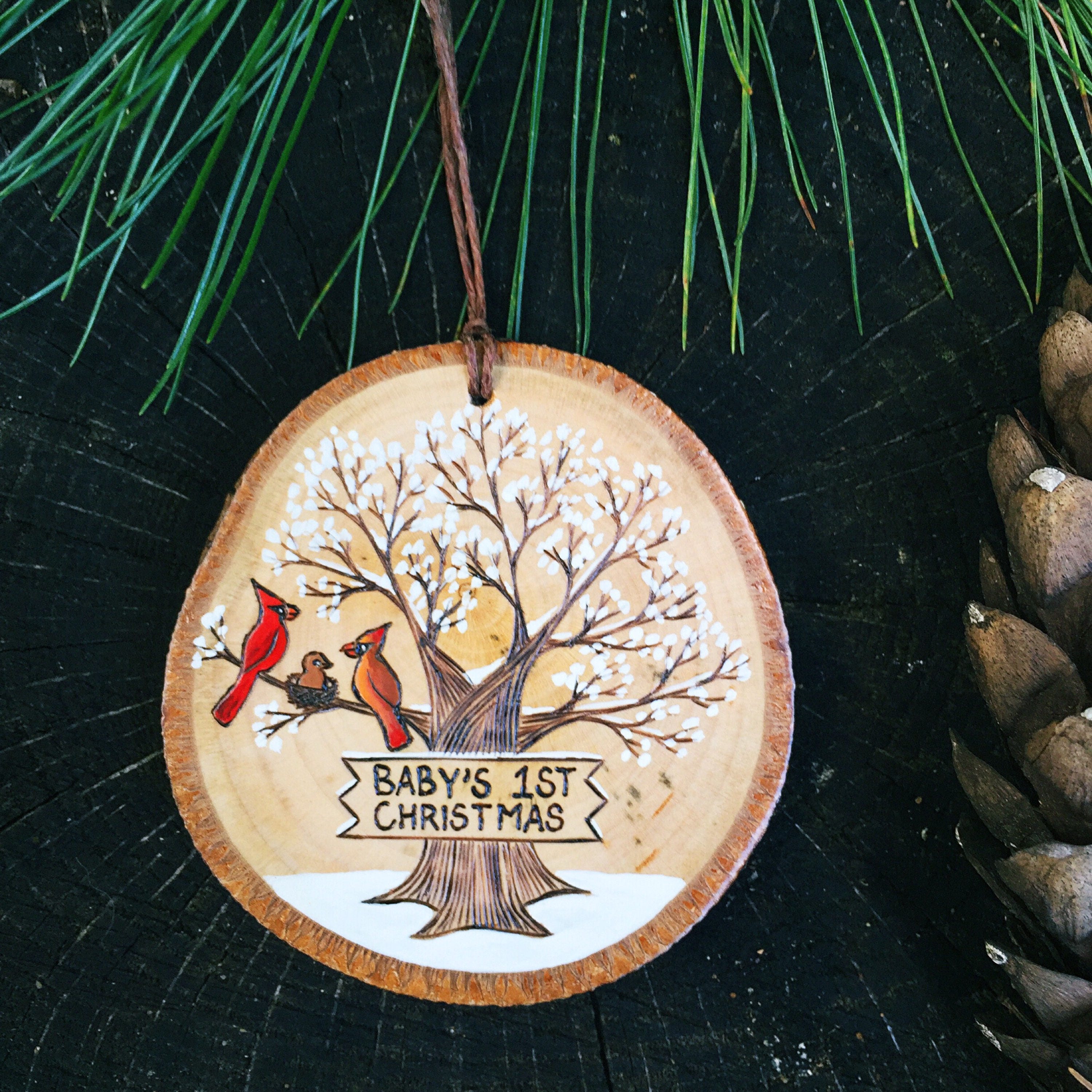 Baby's first Christmas wood burned and painted ornament