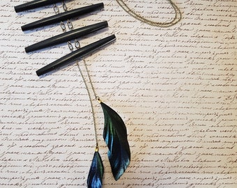 Boho Black Lucite and Feather Necklace