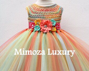 Mint Coral Flower girl dress, mint coral tutu dress, hawaii bridesmaid dress, hawaii princess dress, tulle dress, hand knit tutu dress