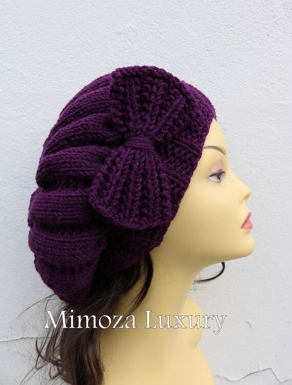 Eggplant Woman Hand Knitted Hat with Bow, Beret hat with bow, Plum Purple knit hat, purple slouchy knit women's hat with bow, aubergine hat