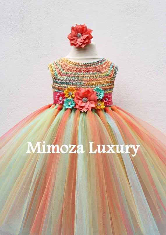 Mint Coral Flower girl dress, mint coral tutu dress, hawaii bridesmaid dress, hawaii princess dress, tulle dress, hand knit tutu dress