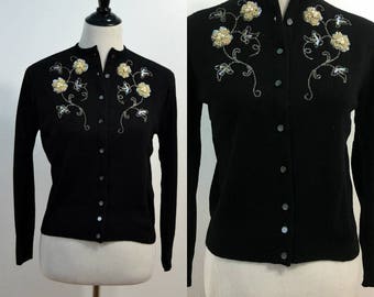 1950s BardKnit Beaded Sweater / 50s Vintage Beaded Cardigan / Mid Century / Small S Medium M / Black / Orlon Sweater / Beaded Flowers