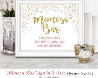 MIMOSA BAR sign - 3 sizes - for your Celebrations - Wedding, Showers etc. with gold and blush colored hearts, diy Printable, (33BR, 38BA)