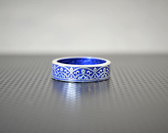 Moroccan Coin Ring, Blue Coin Ring, Stained Glass Ring, Blue Ring, Coin Art, Morocco, Silver Coin Ring, Moroccan Art, Boho Ring, Blue