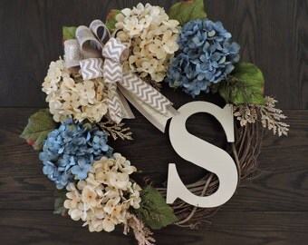 Best Selling Front Door Wreath WITH initial,Monogram Wreath,Personalized Hydrangea Wreath,Summer Wreath,Spring Wreath,Wreath with Double Bow