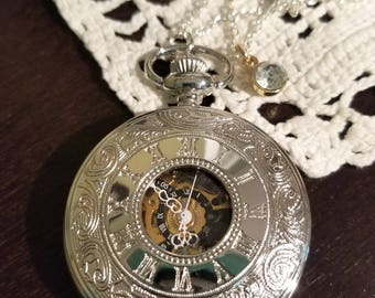 Pocket Watch Necklace, Exposed Gear Watch, Clock necklace, Crystal, Working Watch Necklace, SIlver and Gold, Long Necklace, MarjorieMae