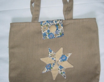 Small tote bag / library / waterproofed canvas dark taupe / liberty sewn patchwork applique / tab and snap closure