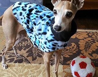 Italian Greyhound Clothing.Italian Greyhound Coat. Blue Cheetah Jammie. Dog Clothing. Pet Clothing. Fleece Dog Coat. Dog jacket. Dog clothes