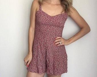 Vintage 90s Lorenze Red Floral Playsuit Romper, Culotte Shorts Sz S