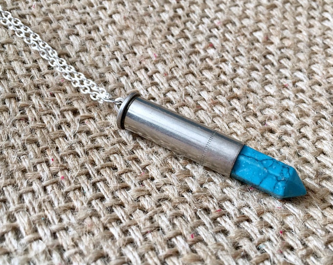 Howlite Necklace, Stone Ammo Necklace, Bullet Necklace, Boho Bullet Necklace, Shell Case Necklace, Silver Ammo Necklace, Aura Ammo Necklace,