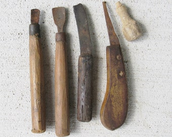 Sale Antique Woodworking Tools Handcrafted Wood Handles & Hand Forged Knife Blade / Handmade Rustic Tools / Wood Handle Tools / Blacksmith