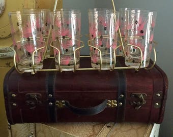 Vintage Pink/Black Drinking Glasses with Carrier