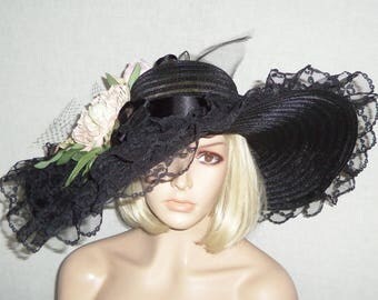 Tea Party Hat - Ladies Black Hat -Kentucky Derby Hat, Garden Party Hat or Victorian Tea Party
