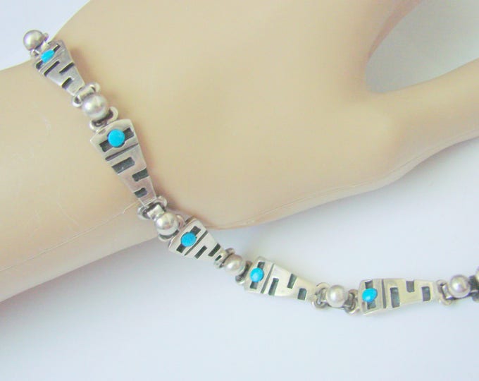 Vintage Mexico Turquoise Sterling Modernist Bracelet / 925 / 19 Grams / Artisan Jewelry / Jewellery