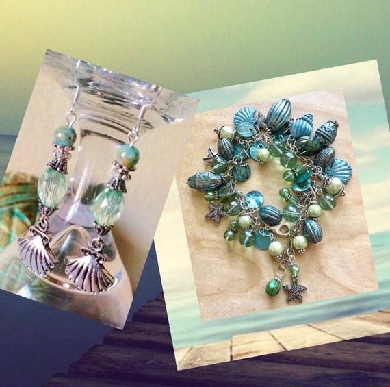 Beach Charm Bracelet & Seashell Earrings Jewelry Set Sea Mist