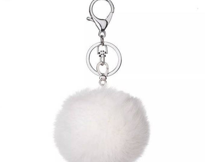 White Fur pom pom keychain keyring fur ball bag charm Rex Rabbit silver hardware