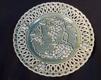 Fall Sale Green Pottery Plate With Grapes-Hosley Potteries-Pierced Green Plate Grapes and Leaves-Wall Hanging