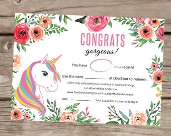 PRINTABLE Cash Coupon, LulaCash, Gift Certificate Card, Lula Bucks Cash, Unicorn and Flowers, Digital File LLR030