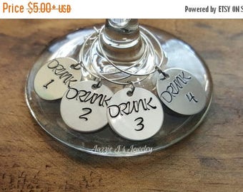 Hand Stamped Funny Wine Charms, Wine Markers, Stemware, Hostess-Housewarming Gift, "Drunk" Wine Charm, Bachelorette Party Gift, Party Favors
