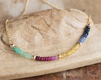 Gemstone Rainbow Necklace, Emerald, Ruby, Sapphire Necklace, Multi Stone Jewellery, May- July-September Birthstone Necklace, Wife Gift