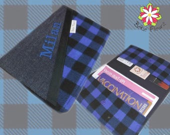Immunization booklet health cover personnalized prénom blue black flanel