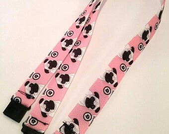 Pink Pug ribbon Lanyard whistle ID badge holder safety breakaway fastener swivel lobster clasp handmade birthday teacher gift dog puppy xmas