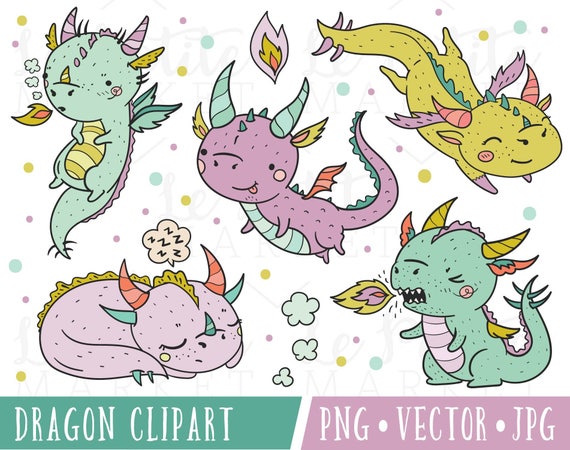 Cute Hipster Dragon Clipart Set Kawaii Hipster Dragons