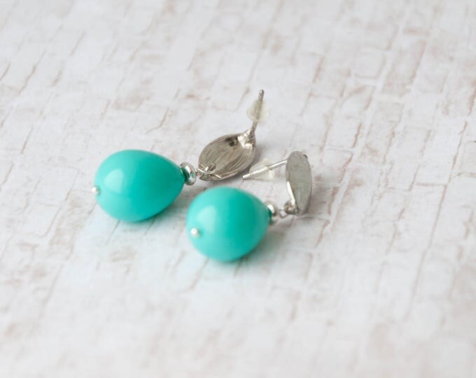 Turquoise colored earrings, Blue drop earrings, Shell pearl earrings, Green earrings, Green blue earrings, Blue teardrop earrings