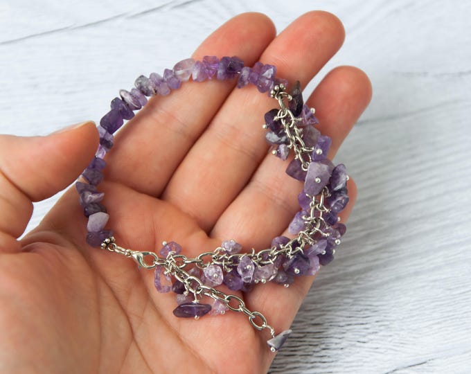 Raw amethyst bracelet, February birthstone jewelry, Purple bead bracelet / Birthstone bracelet for mom, Mother in law gift