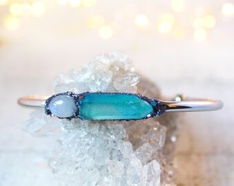 Moonstone Jewelry, Aqua Aura Bracelet, Gemstone Moonstone Bracelet, Rainbow Moonstone, Moonstone Bracelet, Aqua Aura Quartz, Raw Quartz Cuff