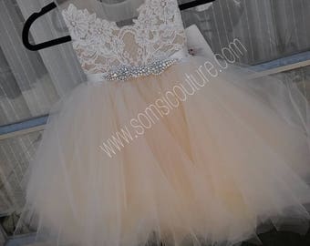 Couture flower girl dress "Vivi", tea length butterscotch pouffy tulle skirt with French lace, rhinestone sash, birthday dress,fairy dress
