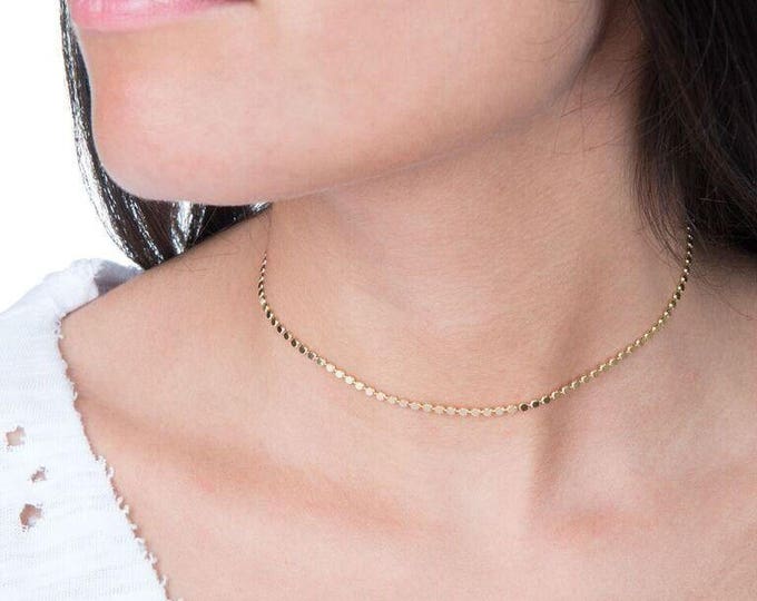 Delicate Flat Sparkly Sequin Link Chain Choker Minimal Dainty Boho Simple Layering Necklace | Sterling Silver & 14k Gold-Filled Options