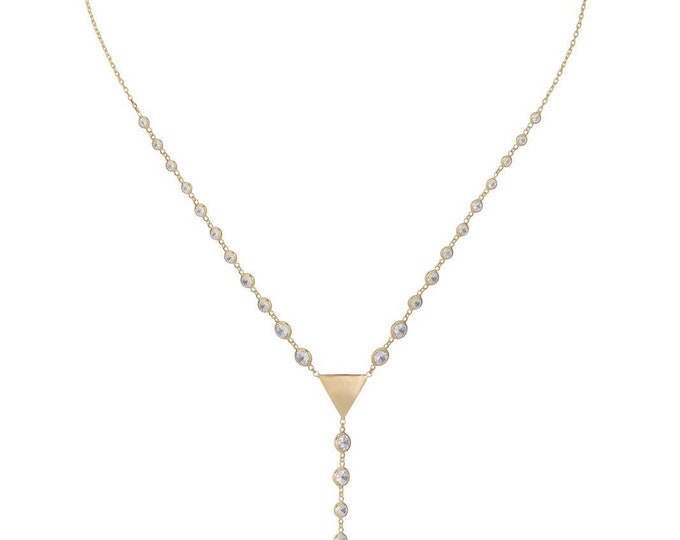 Tri stone lariat necklace, CZ Stone Lariat Wedding Necklace, Gold Plated Diamond Y Necklace, Girlfriend Gift, Wedding Lariat Necklace