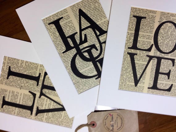 Dictionary Print Set of 3 LIVE LAUGH LOVE - 8 x 10 Life Quotes - Word Art Prints - Typography Print Set - Mounted Dictionary Word Art