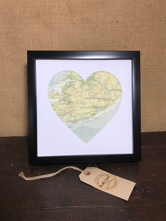 LOVE HEART MAP | Framed Heart Mount Vintage Atlas | Country Town City | Vintage Atlas Pages | Made To Order 9 x 9 inch Mapped Heart Mount
