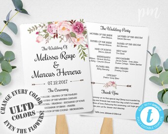 Wedding Program Fan Template, Bohemian Floral, Instant Download, DIY Wedding Program Template, Boho Flowers Wedding Ceremony Program