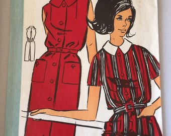 Fabulous 60's french vintage sewing pattern - "Patrons Modele 86011" woman shirt dress with buttons collar and belt size 48 / size 20