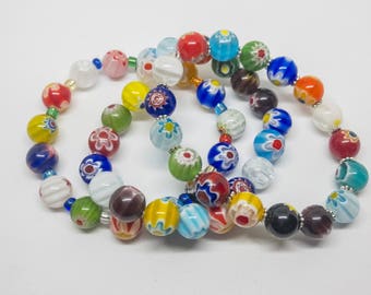 Murano Style Millefiori Lampwork 10mm Stretch Bracelet. 18cm Length.