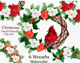 ON SALE 30% Christmas clipart: "CHRISTMAS Wreaths" Watercolor Christmas clipart Floral wreaths Poinsettias White flower New Year clip art Wi