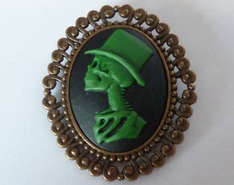 broche gothique camée tattoo inked Mr Skull vert noir squelette monsieur haut de forme tête de mort gothic goth vampire psychobilly