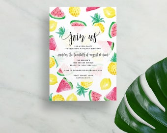 watercolor fruits invitations // fun summer party invites // shower invites // watermelon lemon pineapple invite // printable custom invite